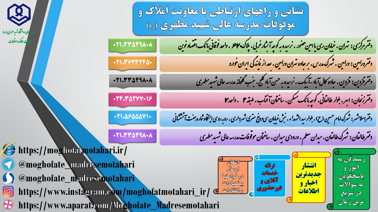 نشانی و راههای ارتباطی با معاونت املاک و موقوفات مدرسه عالی شهید مطهری